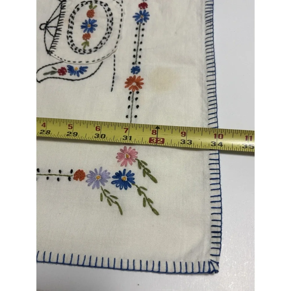 Vintage Square Tablecloth Handmade Embroidered Blue Teapot Tea Cottage 34